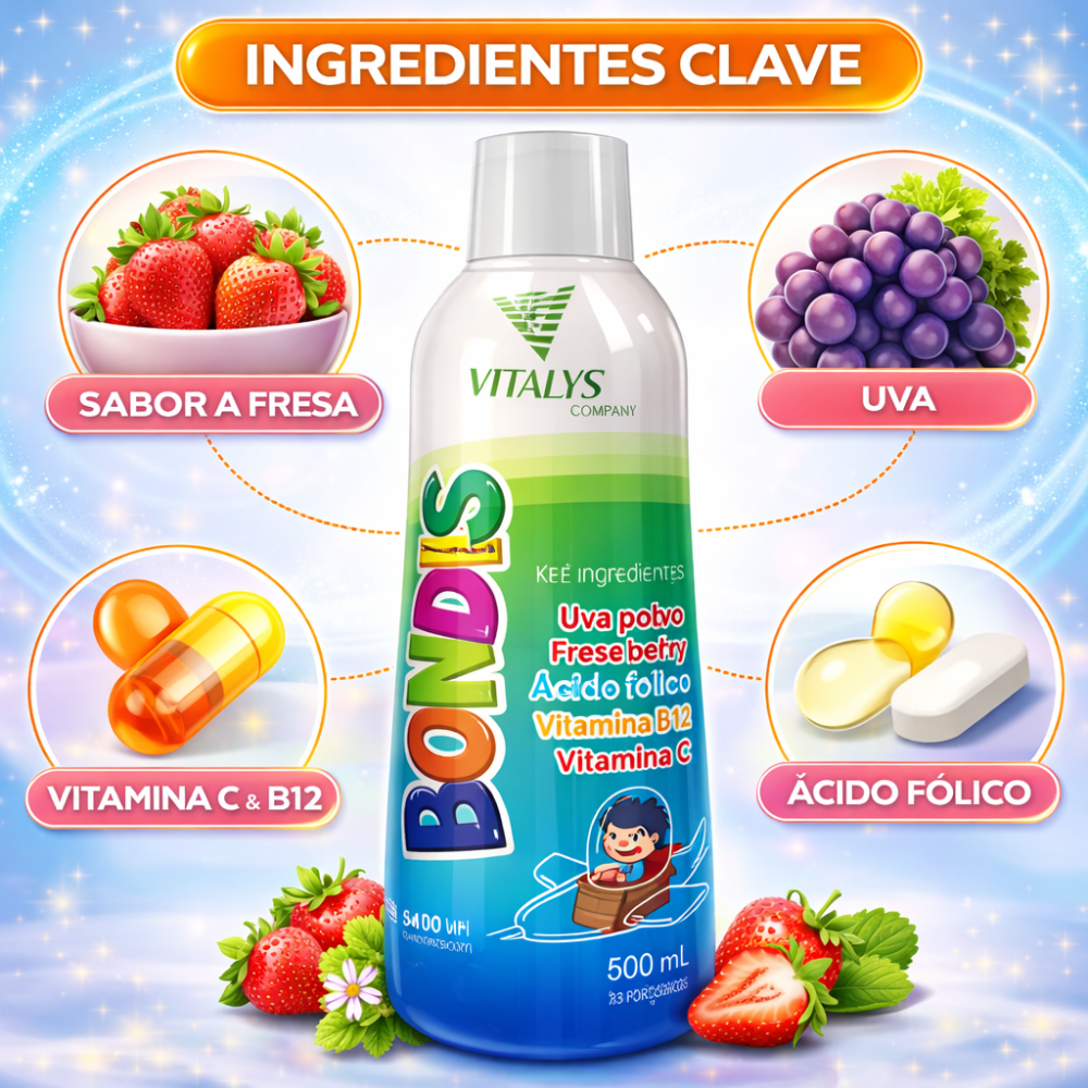 BONDIS Bebida Infantil Multivitamínico 500 ml Sabor Fresa con Vitamina C, B12 y Ácido Fólico - Image 2