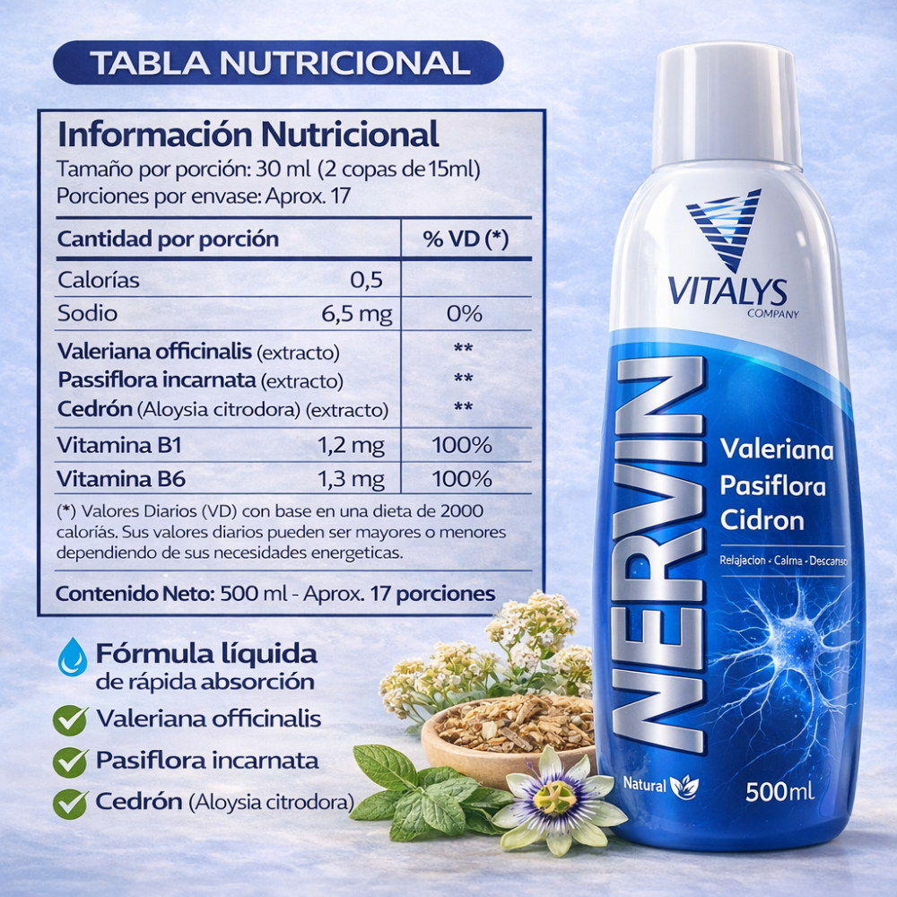 Nervin Vitalys 500ml Valeriana Pasiflora Cedrón Bienestar y Relajación - Image 2