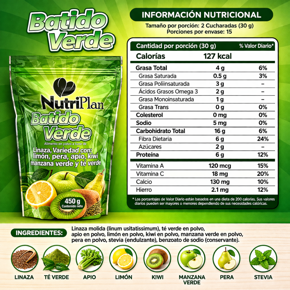 Batido Verde NutriPlan con Linaza, Té Verde y Frutas | Fibra Natural para Bienestar Digestivo - Image 2