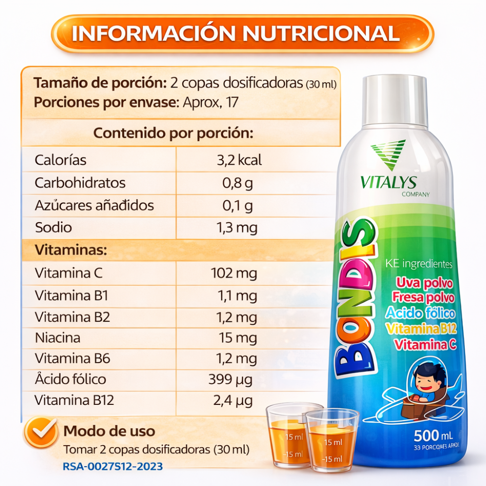 BONDIS Bebida Infantil Multivitamínico 500 ml Sabor Fresa con Vitamina C, B12 y Ácido Fólico - Image 3