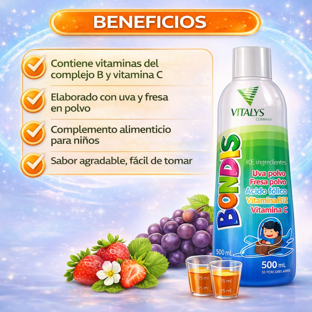 BONDIS Bebida Infantil Multivitamínico 500 ml Sabor Fresa con Vitamina C, B12 y Ácido Fólico - Image 4