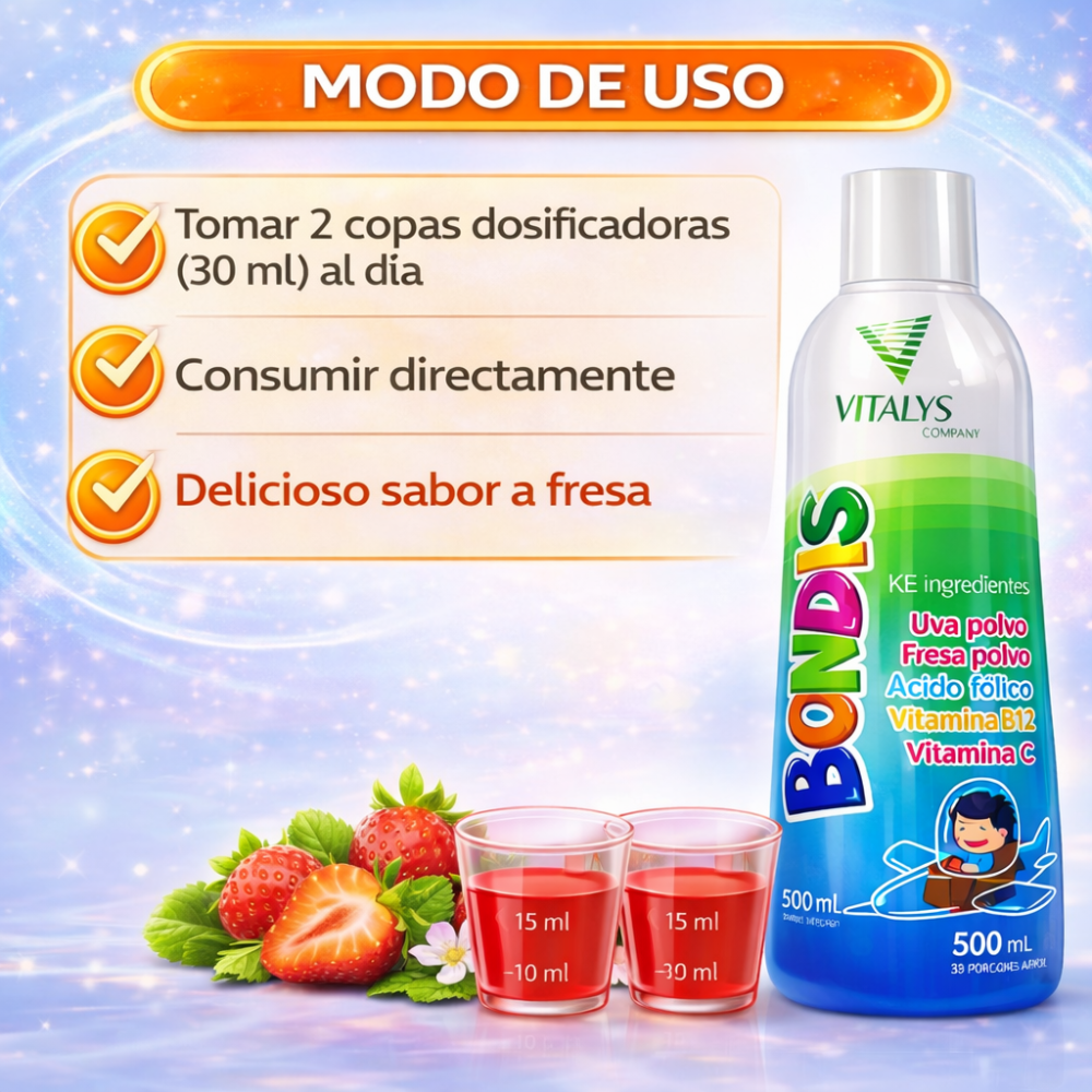 BONDIS Bebida Infantil Multivitamínico 500 ml Sabor Fresa con Vitamina C, B12 y Ácido Fólico - Image 6