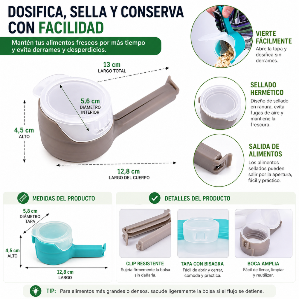 Clip Sellador de Bolsas con Dosificador | Cierre Hermético Reutilizable para Alimentos, Snacks, Cereales y Mascotas - Image 4
