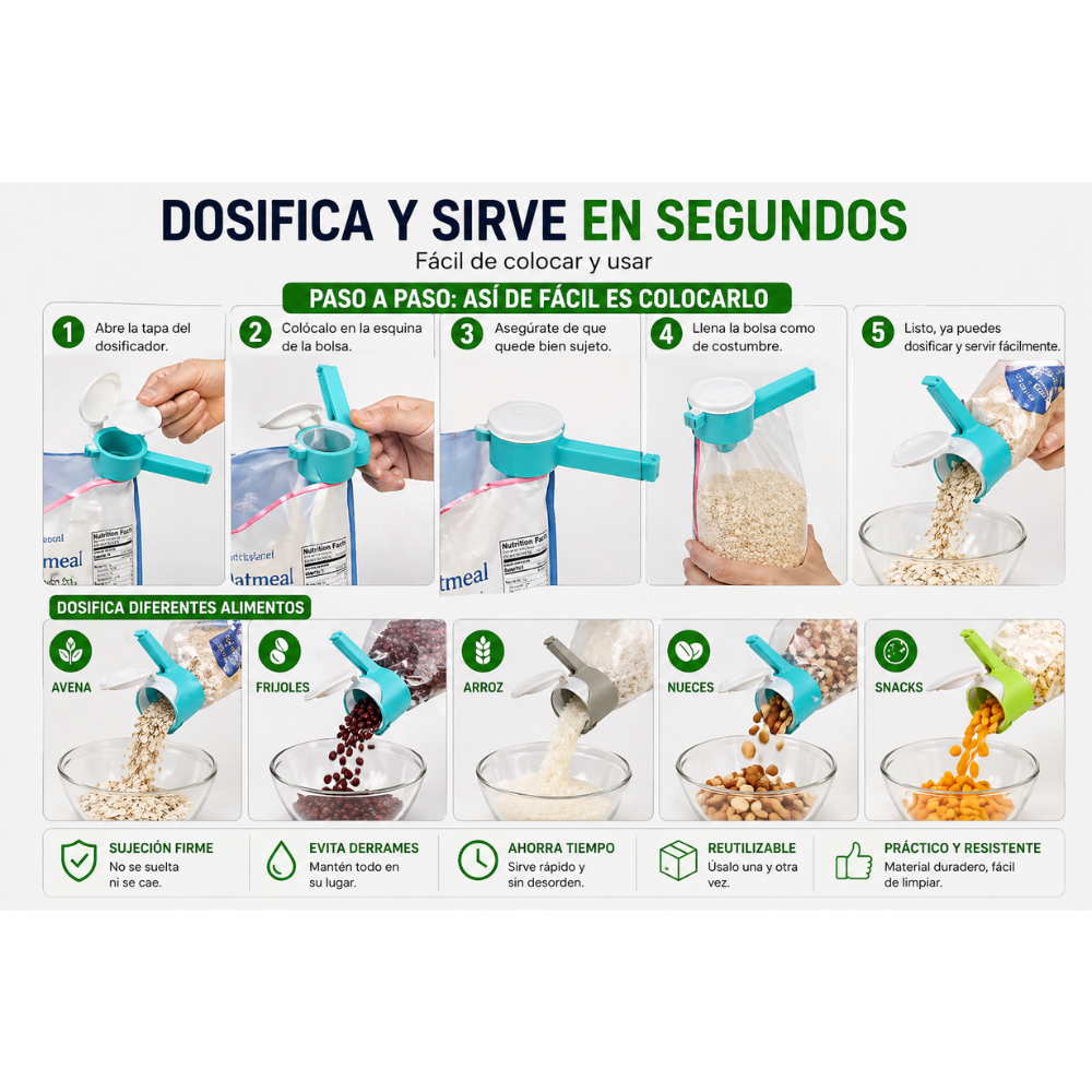 Clip Sellador de Bolsas con Dosificador | Cierre Hermético Reutilizable para Alimentos, Snacks, Cereales y Mascotas - Image 6