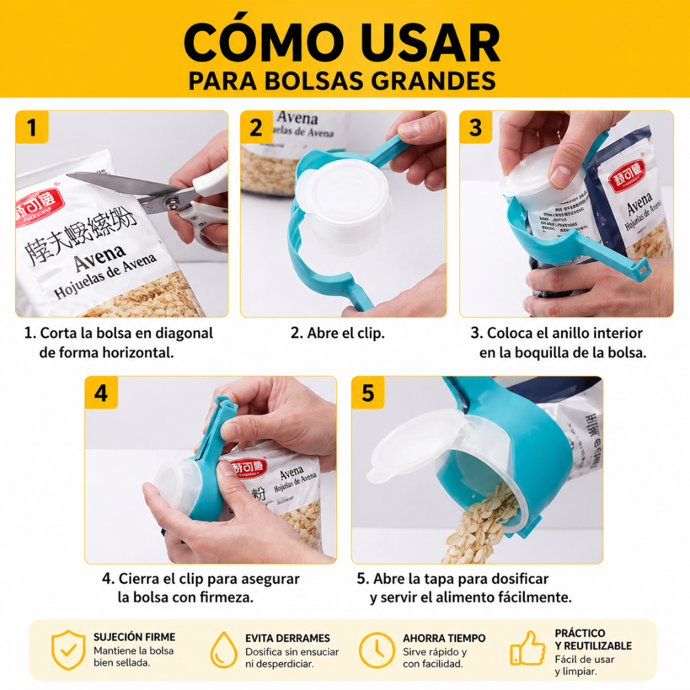 Clip Sellador de Bolsas con Dosificador | Cierre Hermético Reutilizable para Alimentos, Snacks, Cereales y Mascotas - Image 7