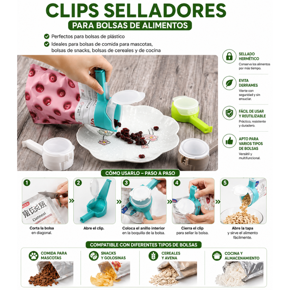 Clip Sellador de Bolsas con Dosificador | Cierre Hermético Reutilizable para Alimentos, Snacks, Cereales y Mascotas - Image 8