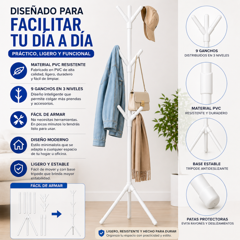 Perchero de Pie Multifuncional 9 Ganchos | Organizador de Ropa Moderno en PVC | Fácil de Armar - Image 4