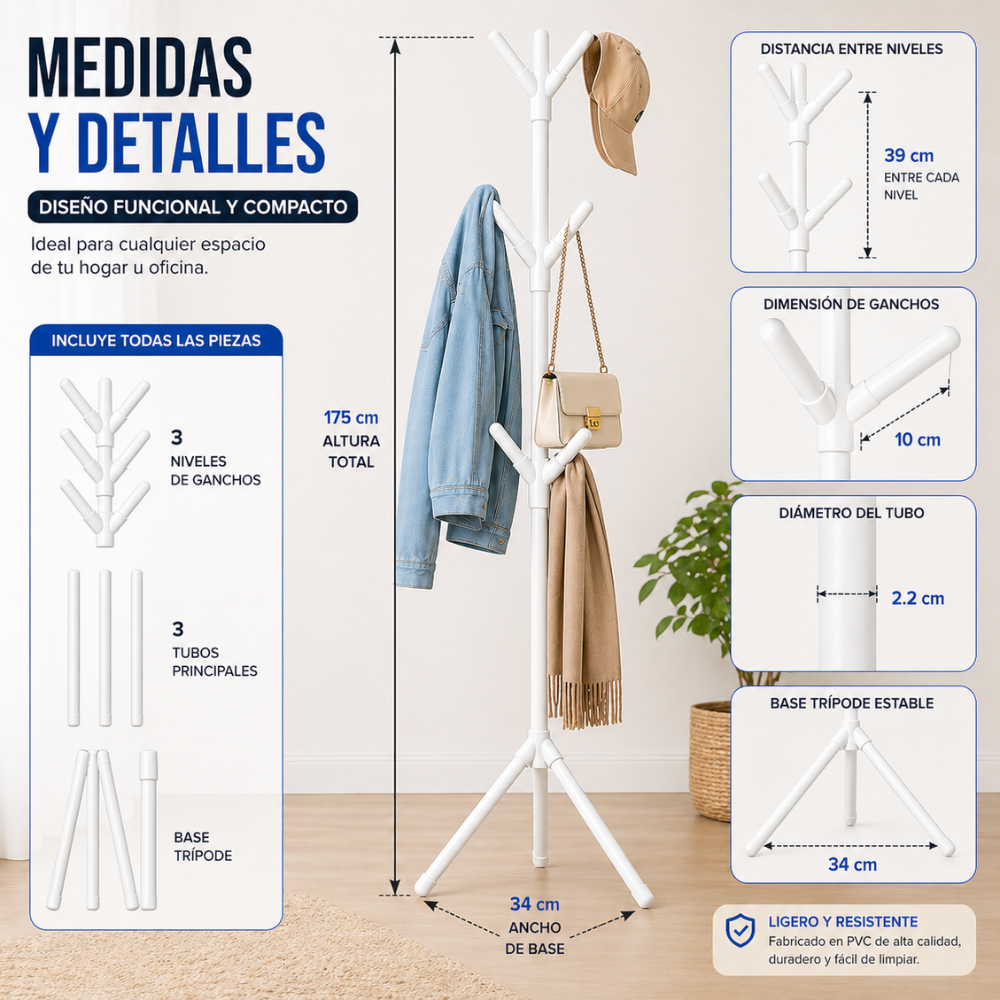 Perchero de Pie Multifuncional 9 Ganchos | Organizador de Ropa Moderno en PVC | Fácil de Armar - Image 5