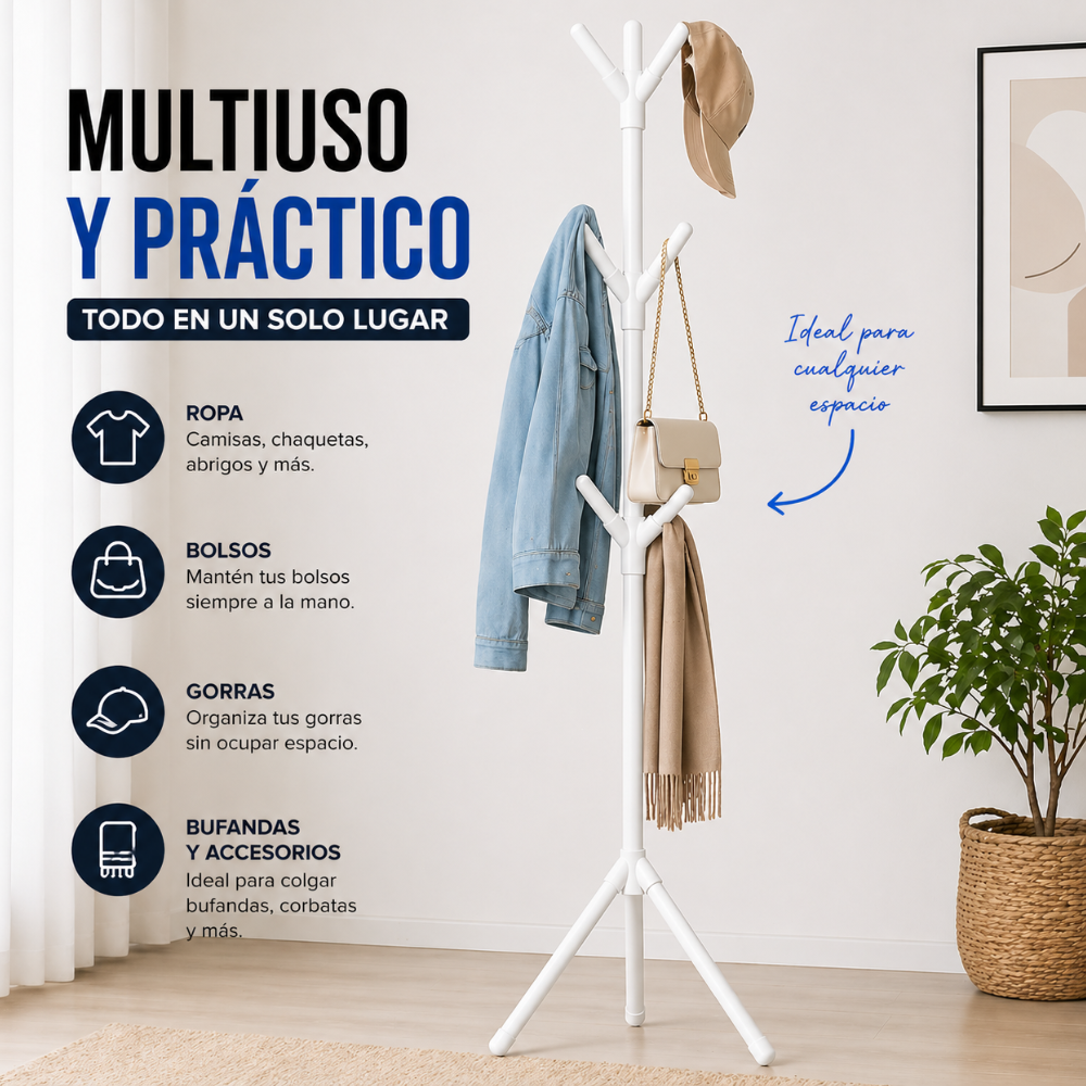Perchero de Pie Multifuncional 9 Ganchos | Organizador de Ropa Moderno en PVC | Fácil de Armar - Image 6