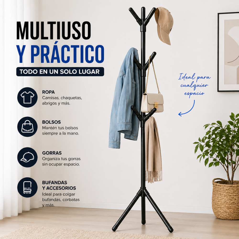 Perchero de Pie Multifuncional 9 Ganchos | Organizador de Ropa Moderno en PVC | Fácil de Armar - Image 8