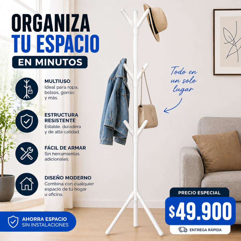 Perchero de Pie Multifuncional 9 Ganchos | Organizador de Ropa Moderno en PVC | Fácil de Armar - Image 9