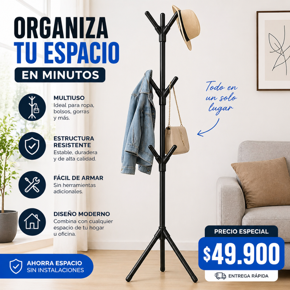 Perchero de Pie Multifuncional 9 Ganchos | Organizador de Ropa Moderno en PVC | Fácil de Armar - Image 10