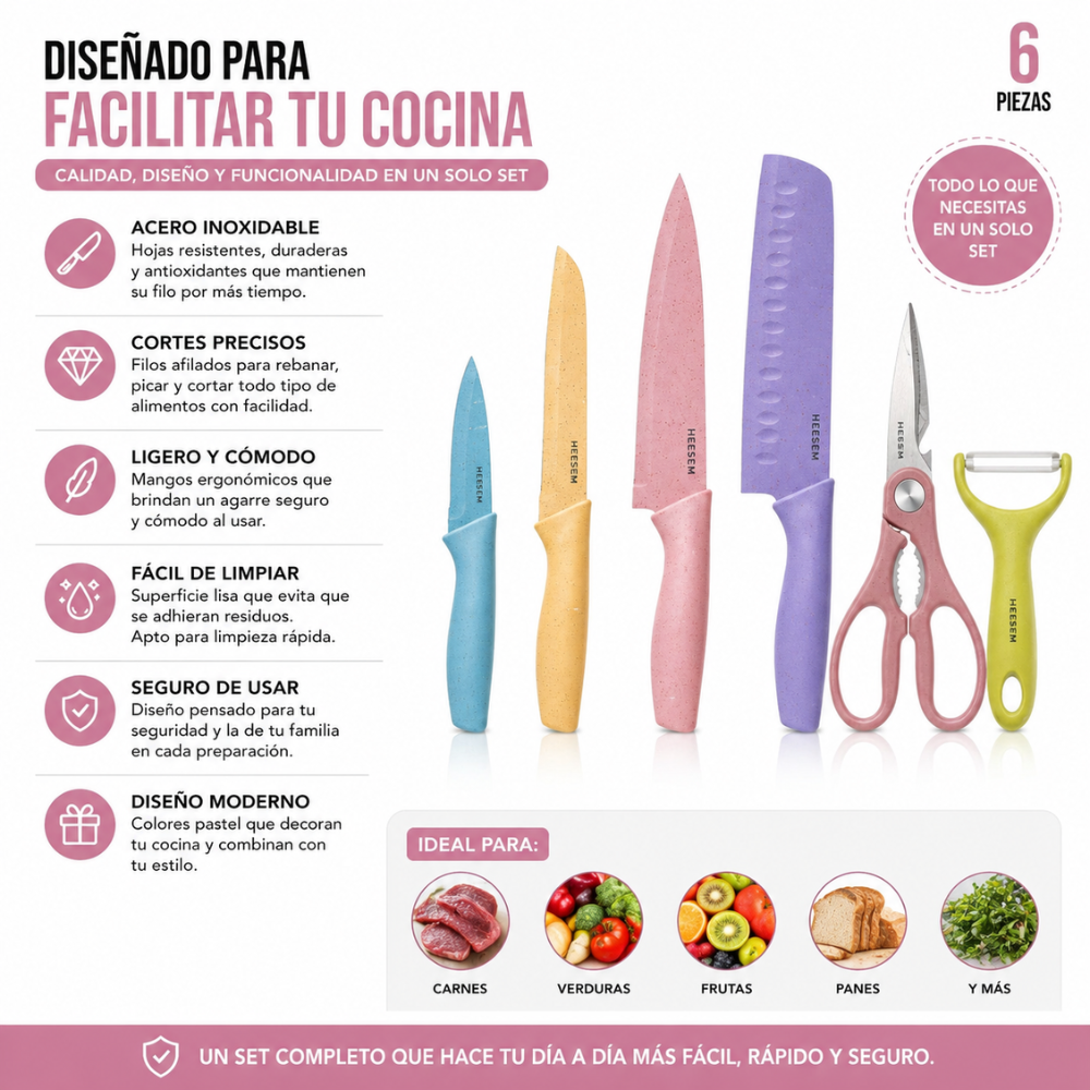 Set de Cuchillos de Cocina 6 Piezas Acero Inoxidable | Kit Completo con Tijeras y Pelador | Cocina Fácil y Rápida - Image 2