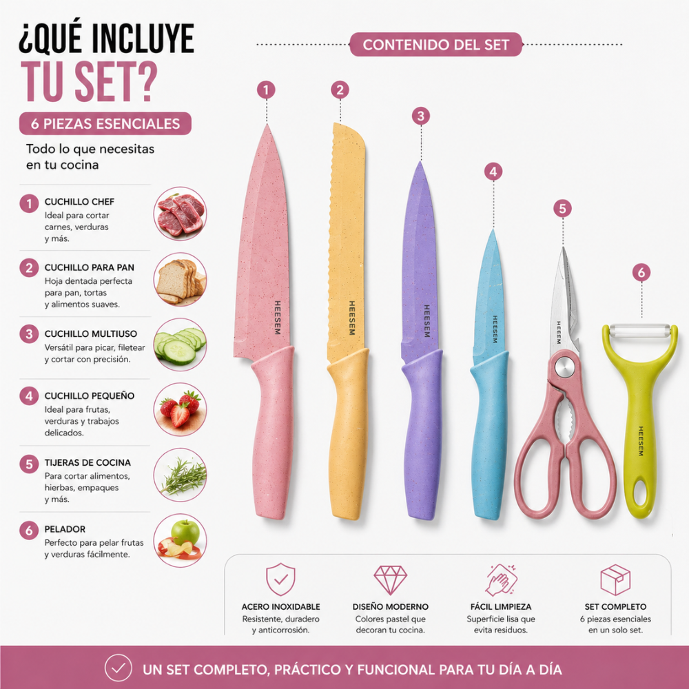 Set de Cuchillos de Cocina 6 Piezas Acero Inoxidable | Kit Completo con Tijeras y Pelador | Cocina Fácil y Rápida - Image 4
