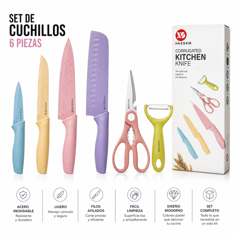 Set de Cuchillos de Cocina 6 Piezas Acero Inoxidable | Kit Completo con Tijeras y Pelador | Cocina Fácil y Rápida - Image 5