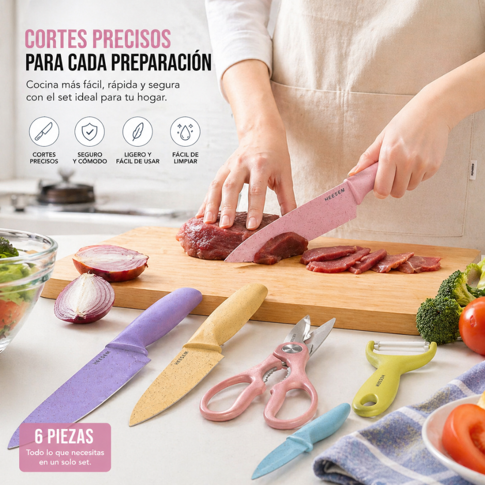 Set de Cuchillos de Cocina 6 Piezas Acero Inoxidable | Kit Completo con Tijeras y Pelador | Cocina Fácil y Rápida - Image 6