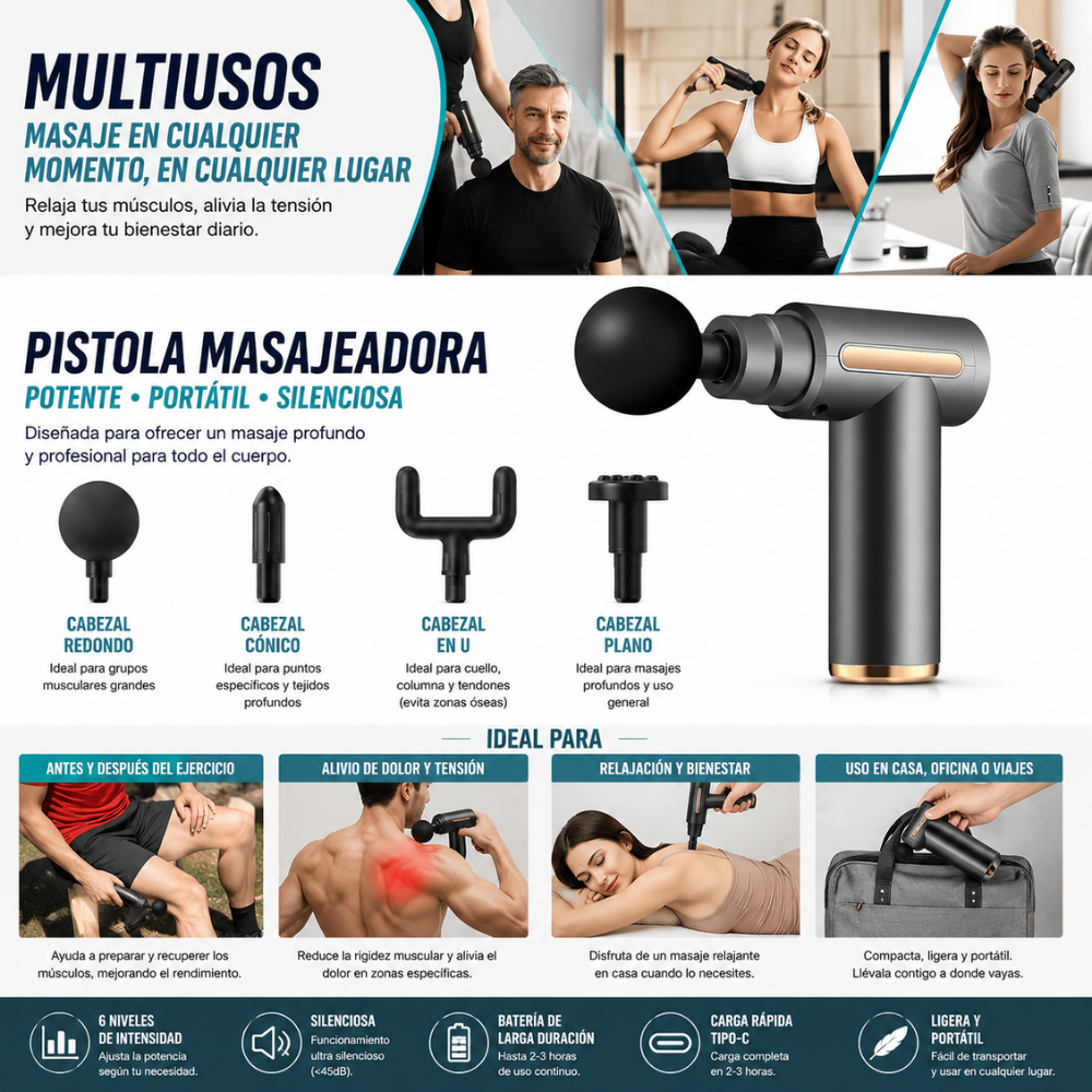 Pistola Masajeadora Muscular Profesional 6 Velocidades Recargable USB-C | Massage Gun Portátil Con 4 Cabezales - Image 9