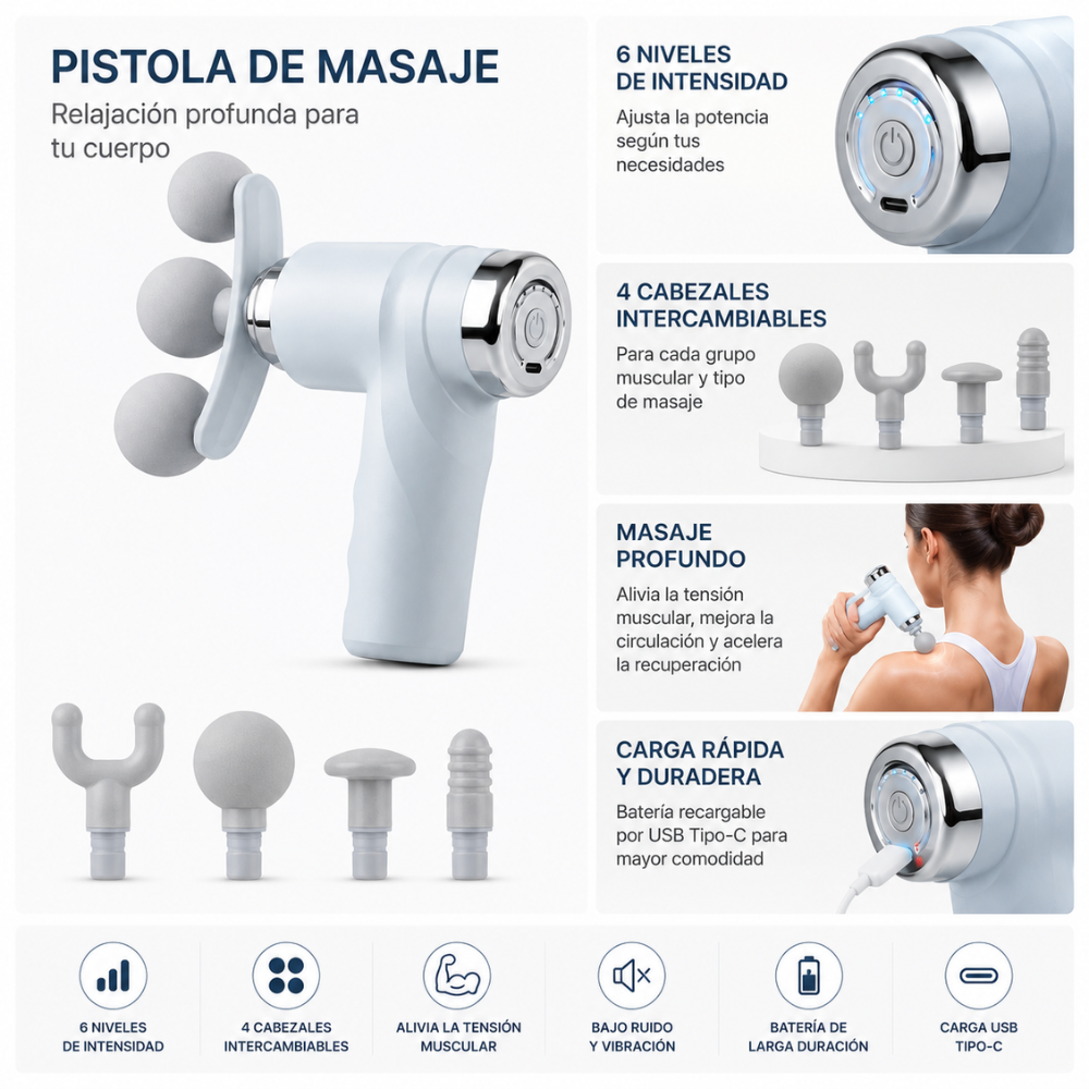 Pistola Masajeadora Muscular Recargable 6 Velocidades + 4 Cabezales | Masaje Relajante Portátil USB-C - Image 2