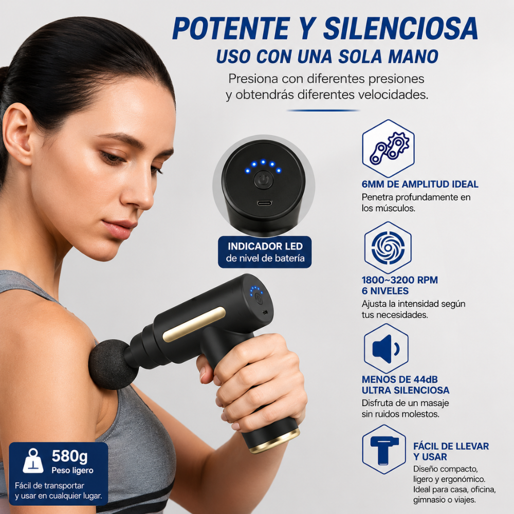 Pistola Masajeadora Muscular Profesional 6 Velocidades Recargable USB-C | Massage Gun Portátil Con 4 Cabezales - Image 3