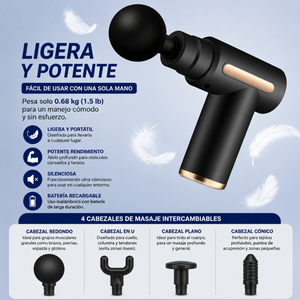 Pistola Masajeadora Muscular Profesional 6 Velocidades Recargable USB-C | Massage Gun Portátil Con 4 Cabezales - Image 4