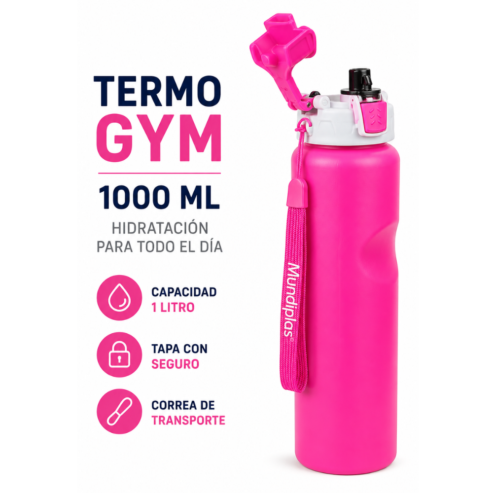 Termo Gym 1000 Ml Botella Deportiva Con Seguro Antiderrame Y Correa - Image 3