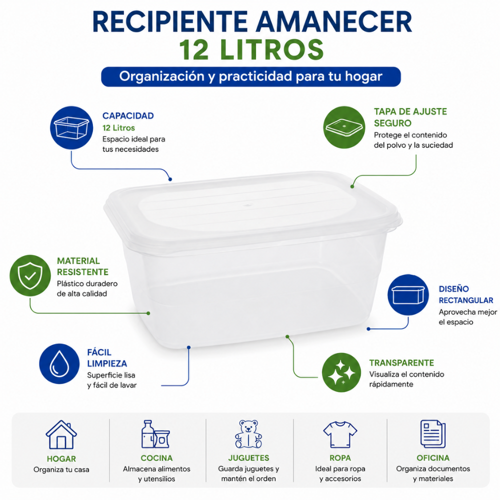 Recipiente Plástico Amanecer 12 Litros Con Tapa Multiusos Transparente - Image 2