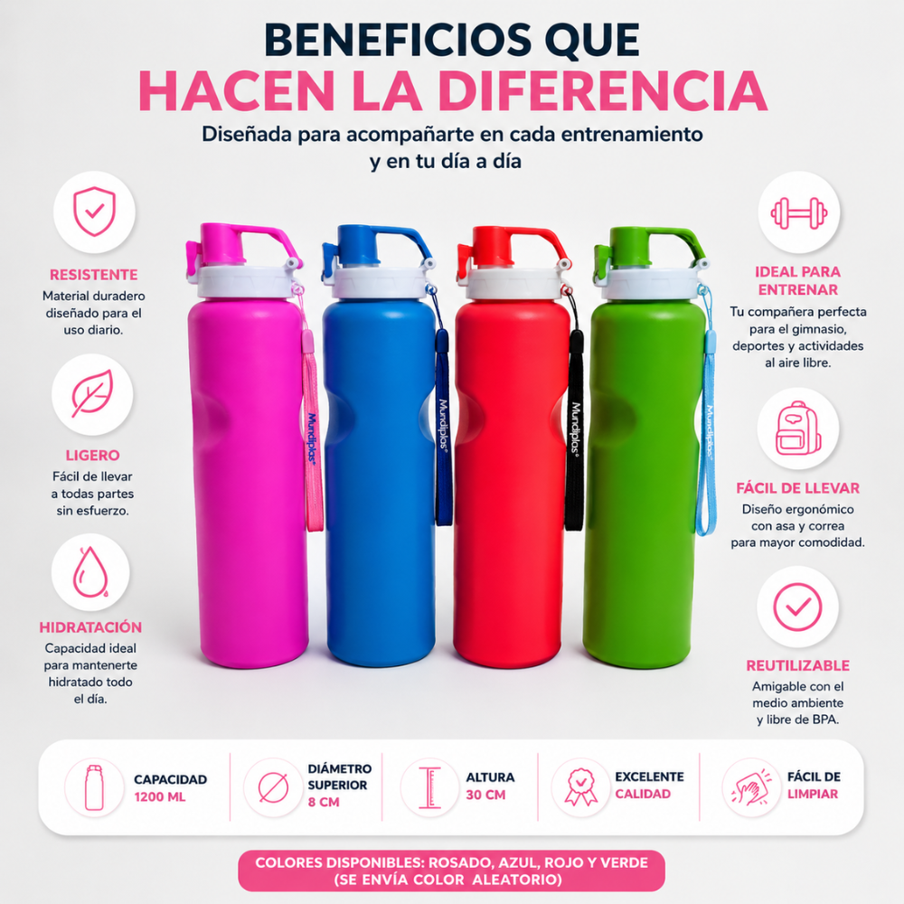 Termo Gym Deportivo 1200 Ml Botella Reutilizable con Asa y Correa Libre BPA - Image 5