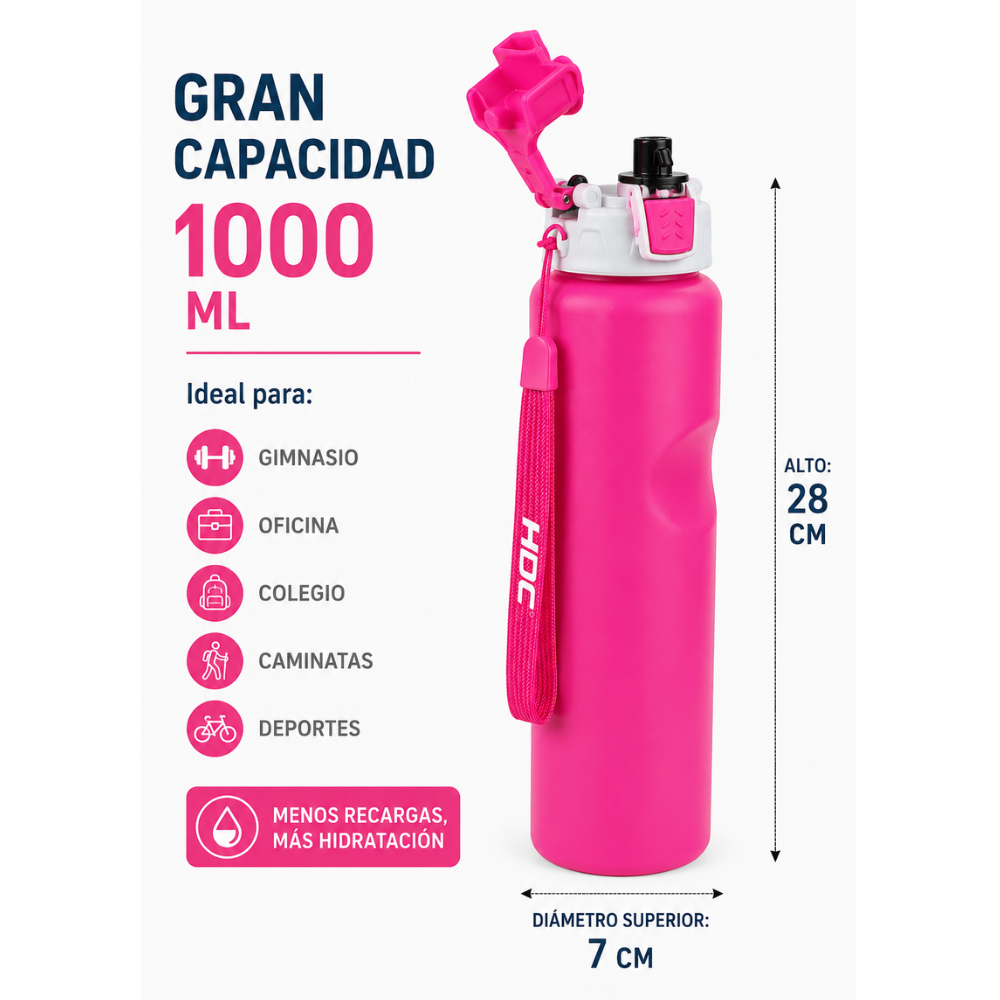 Termo Gym 1000 Ml Botella Deportiva Con Seguro Antiderrame Y Correa - Image 4