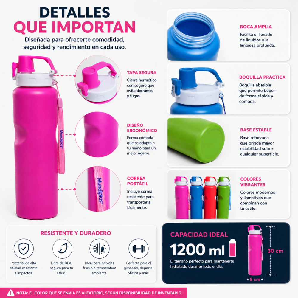 Termo Gym Deportivo 1200 Ml Botella Reutilizable con Asa y Correa Libre BPA - Image 6