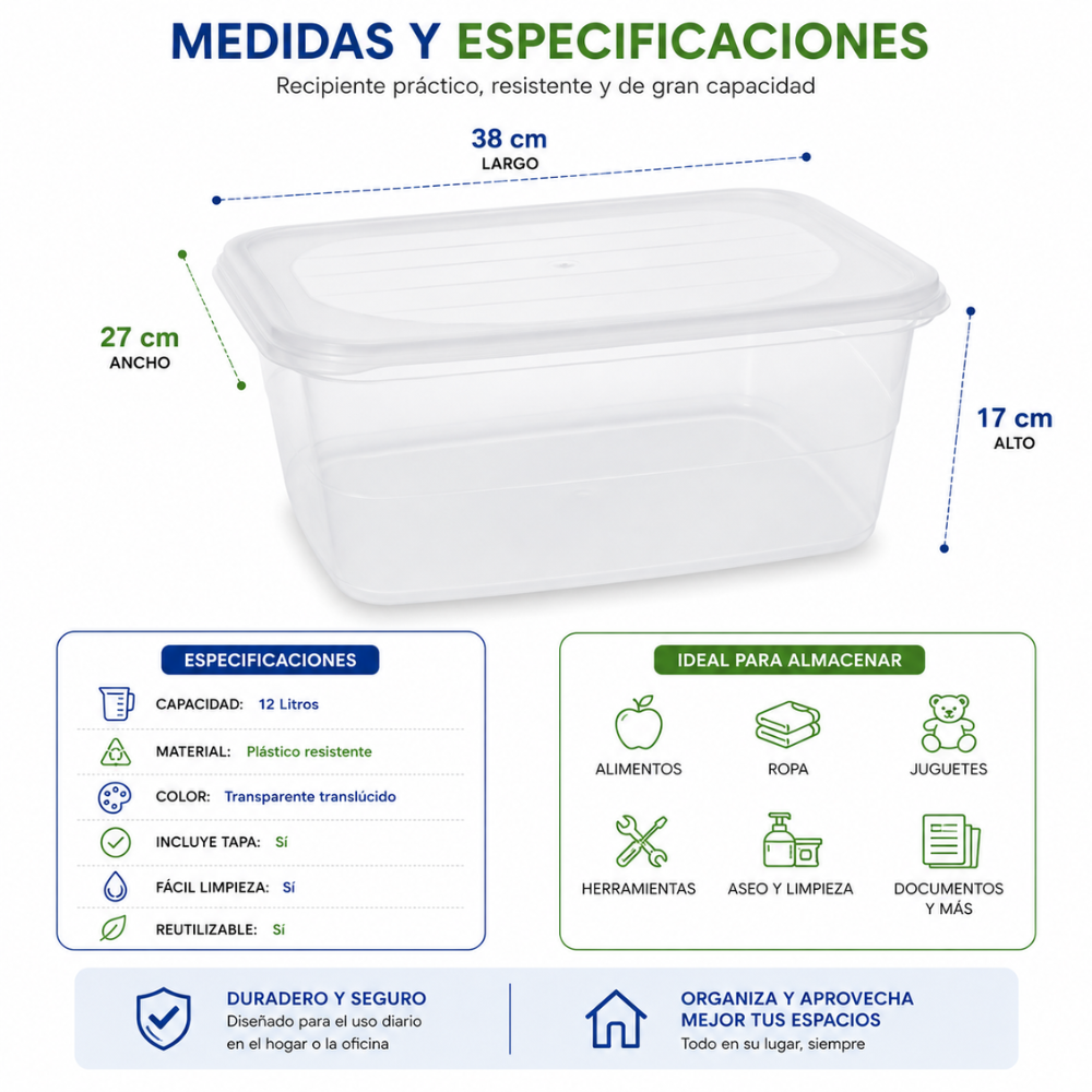 Recipiente Plástico Amanecer 12 Litros Con Tapa Multiusos Transparente - Image 4