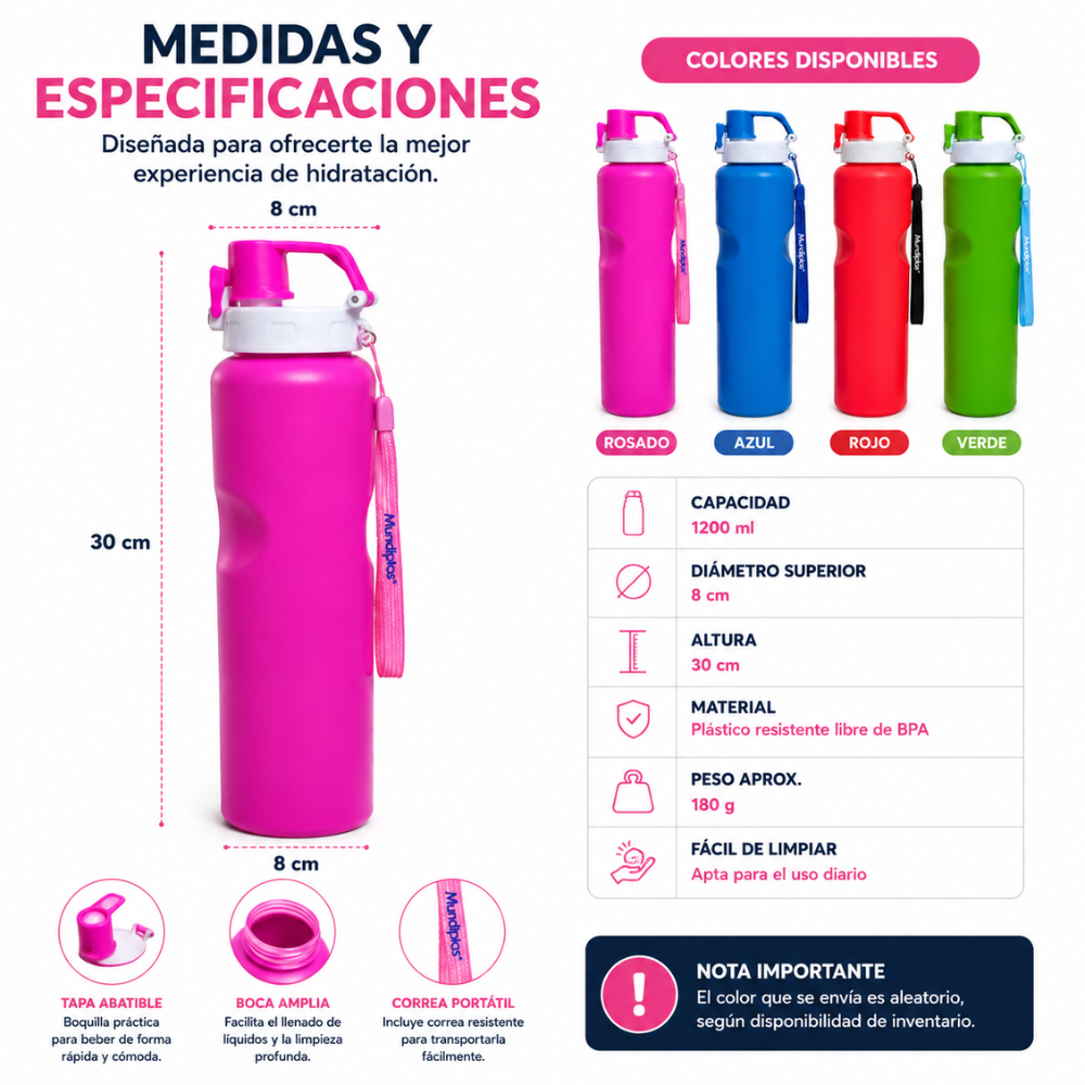 Termo Gym Deportivo 1200 Ml Botella Reutilizable con Asa y Correa Libre BPA - Image 7