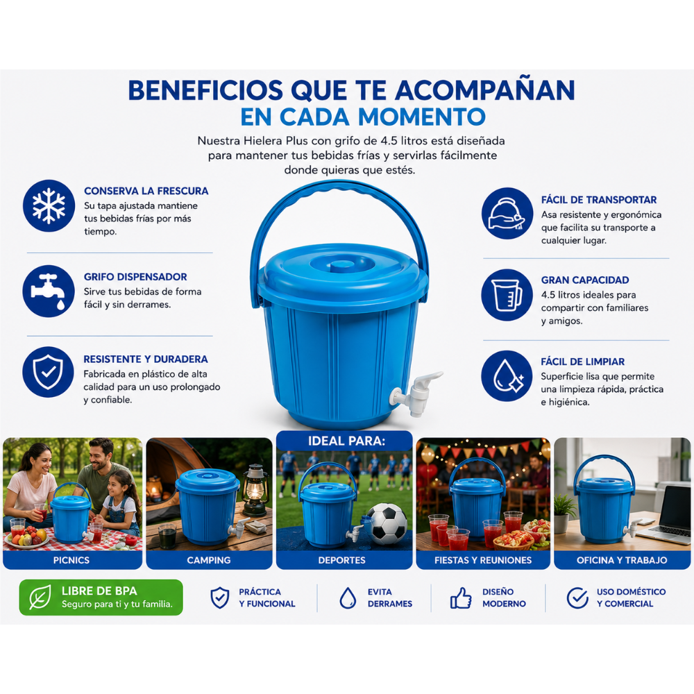 Hielera Plus 4.5 Litros Con Grifo Dispensador Para Bebidas Frías Azul - Image 6