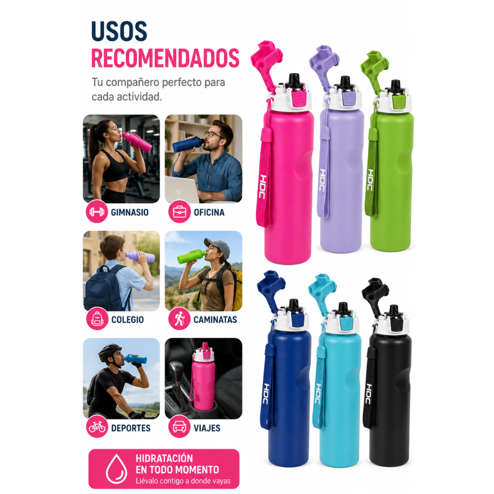 Termo Gym 1000 Ml Botella Deportiva Con Seguro Antiderrame Y Correa - Image 7