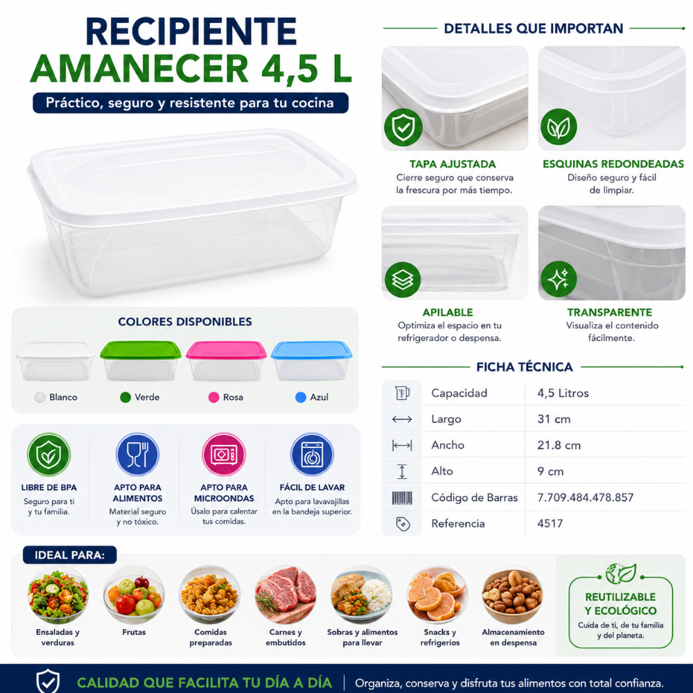 Recipiente Hermético Plástico 4.5 Litros Con Tapa Ideal Para Alimentos Cocina - Image 7