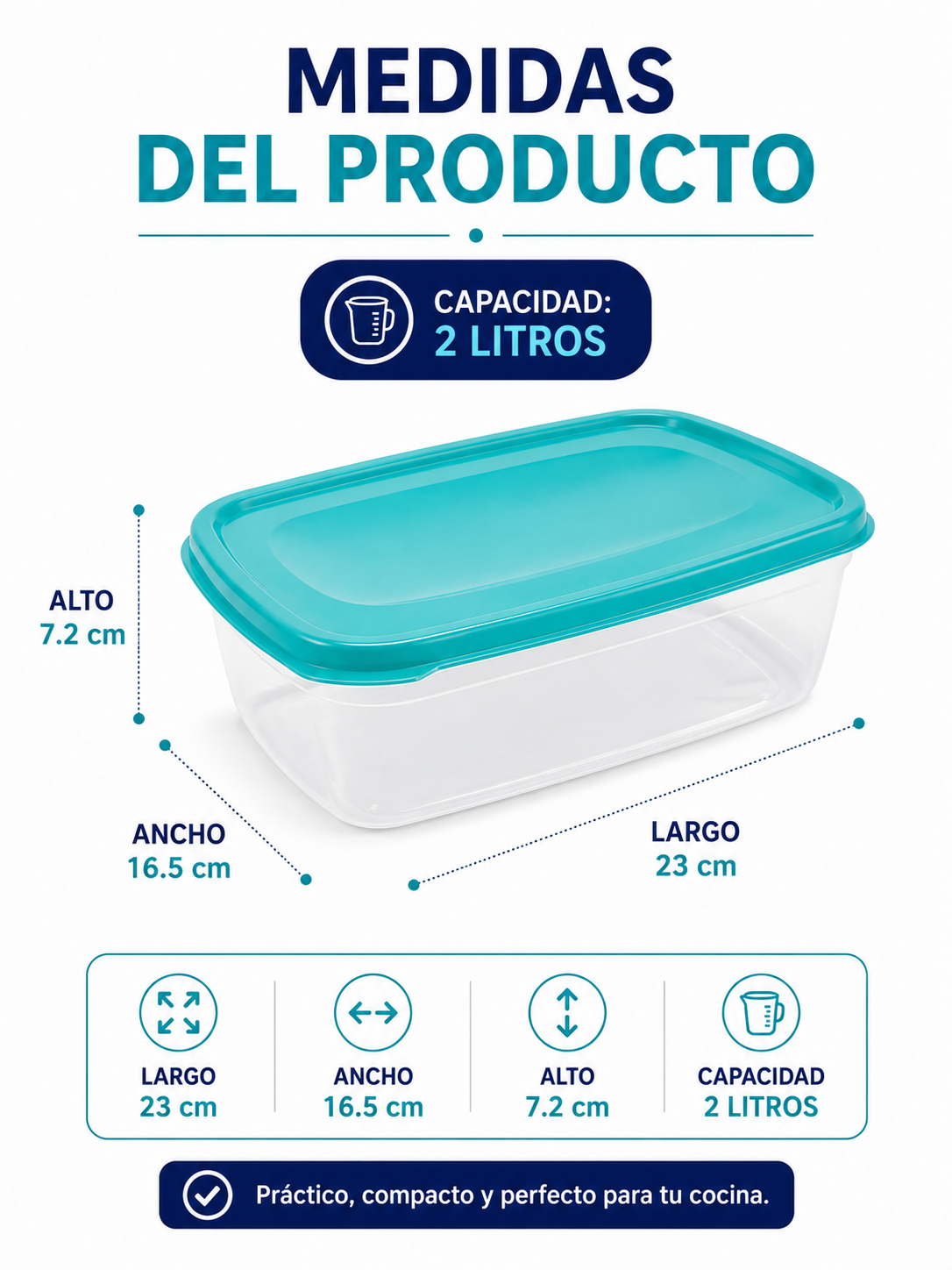 Recipiente Hermético 2 Litros Con Tapa Para Cocina Nevera Y Alimentos - Image 4