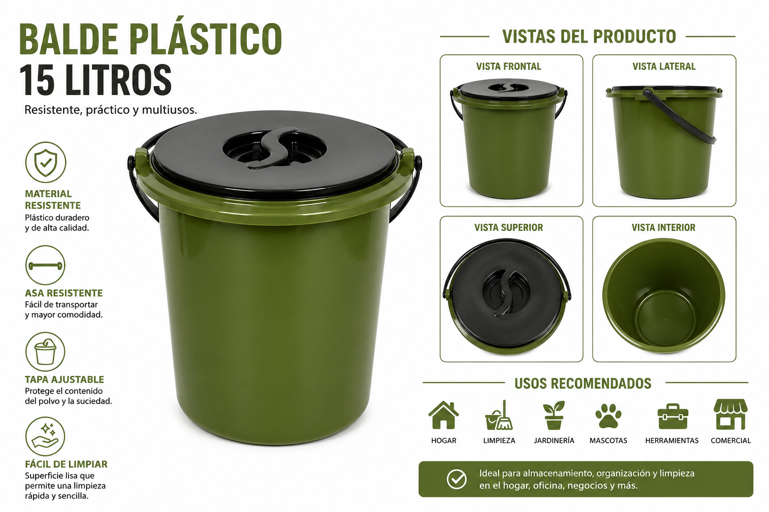 Balde Plástico 15 Litros Con Tapa Resistente Para Hogar Limpieza y Almacenaje - Image 4