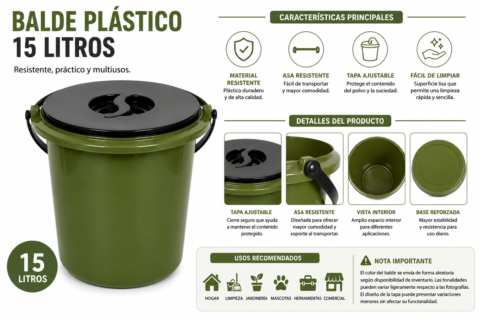 Balde Plástico 15 Litros Con Tapa Resistente Para Hogar Limpieza y Almacenaje - Image 3