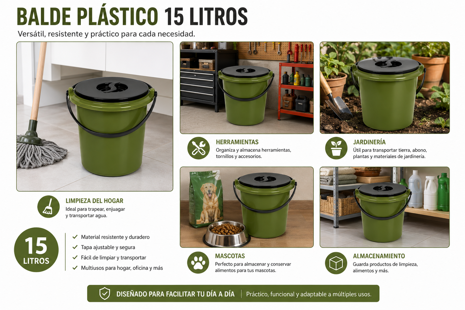 Balde Plástico 15 Litros Con Tapa Resistente Para Hogar Limpieza y Almacenaje - Image 2