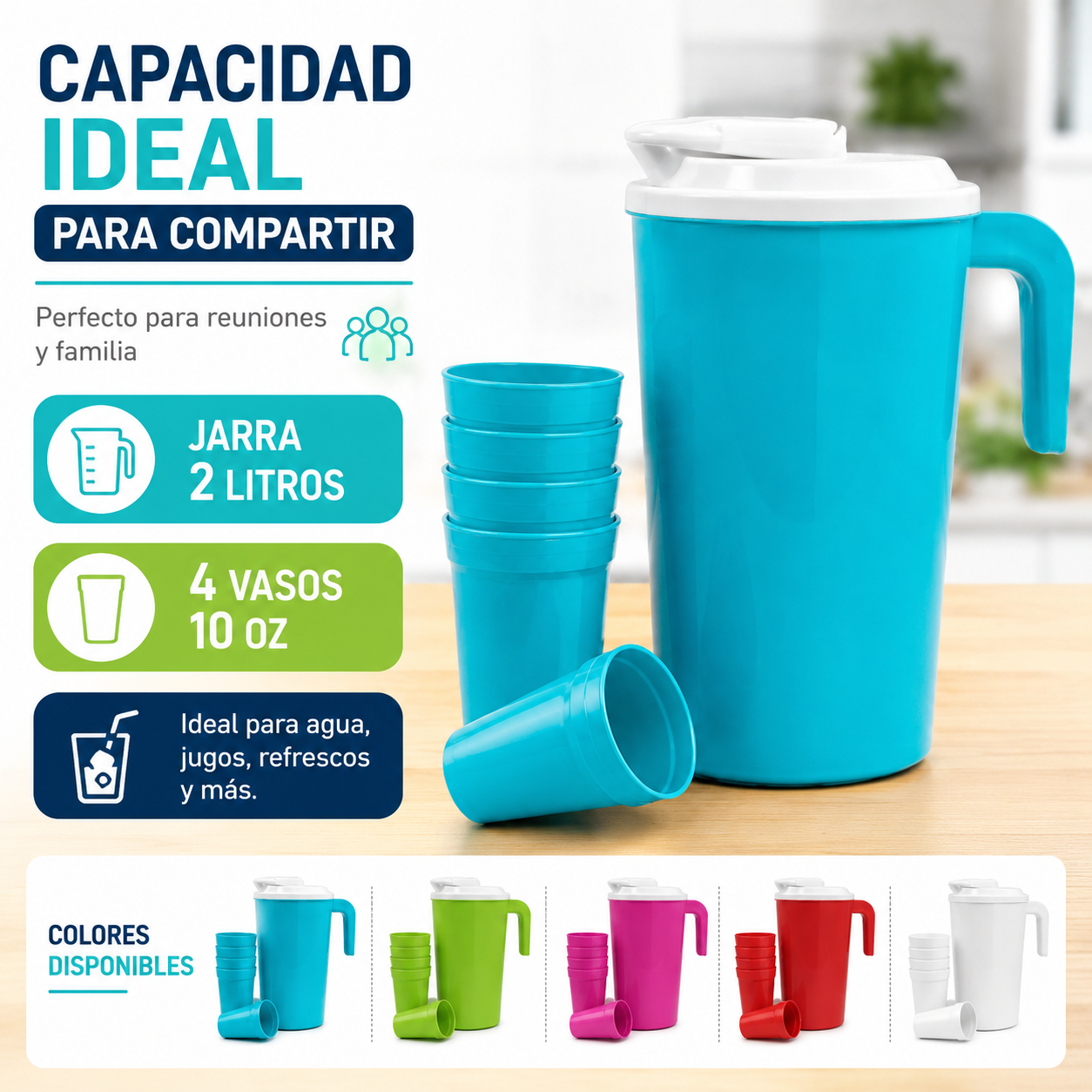 Jarra Plástica 2 Litros Con 4 Vasos Reutilizables Ideal Para Bebidas - Image 5