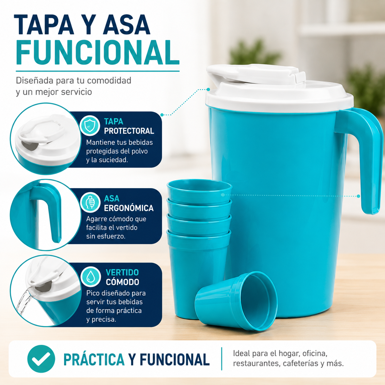 Jarra Plástica 2 Litros Con 4 Vasos Reutilizables Ideal Para Bebidas - Image 4