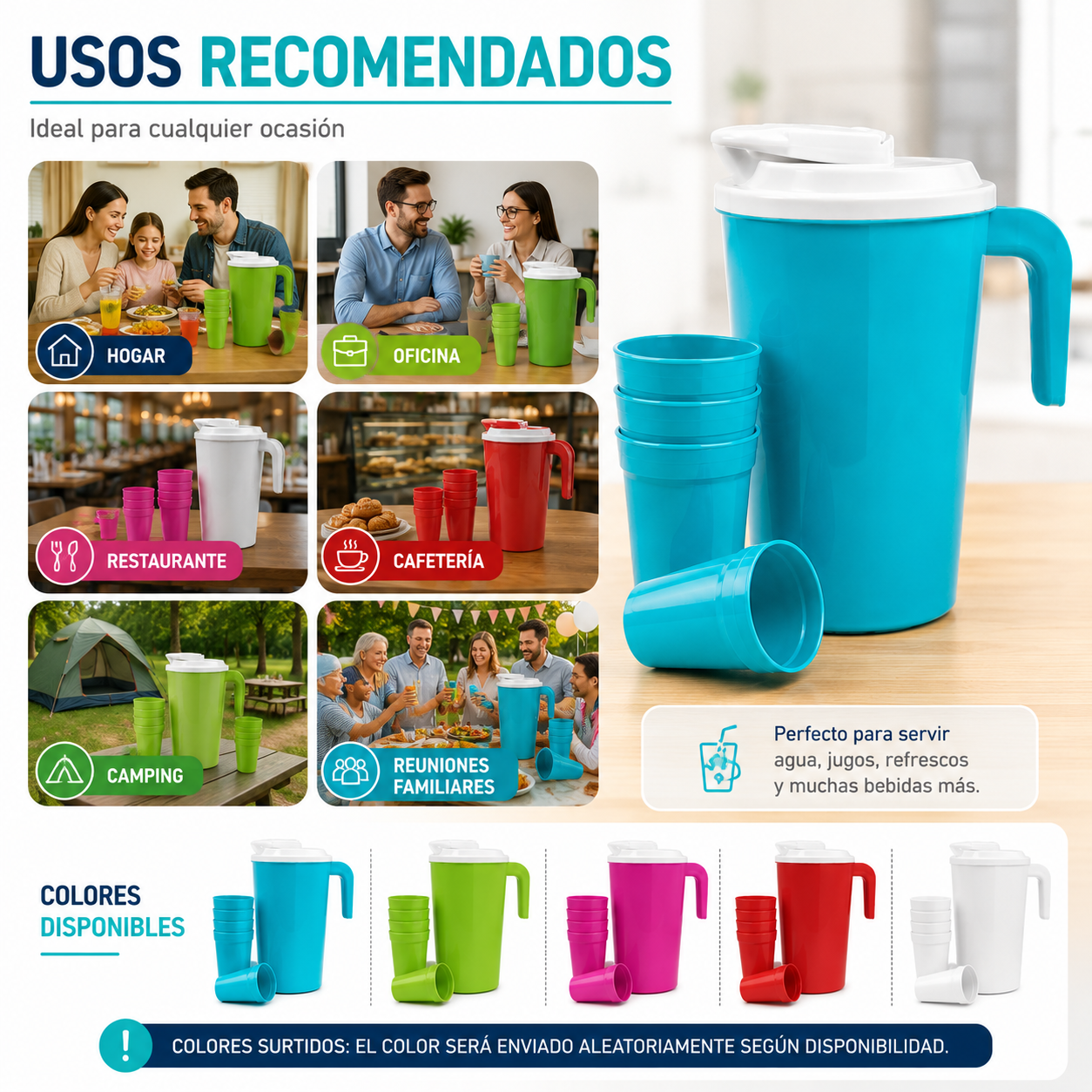Jarra Plástica 2 Litros Con 4 Vasos Reutilizables Ideal Para Bebidas - Image 3
