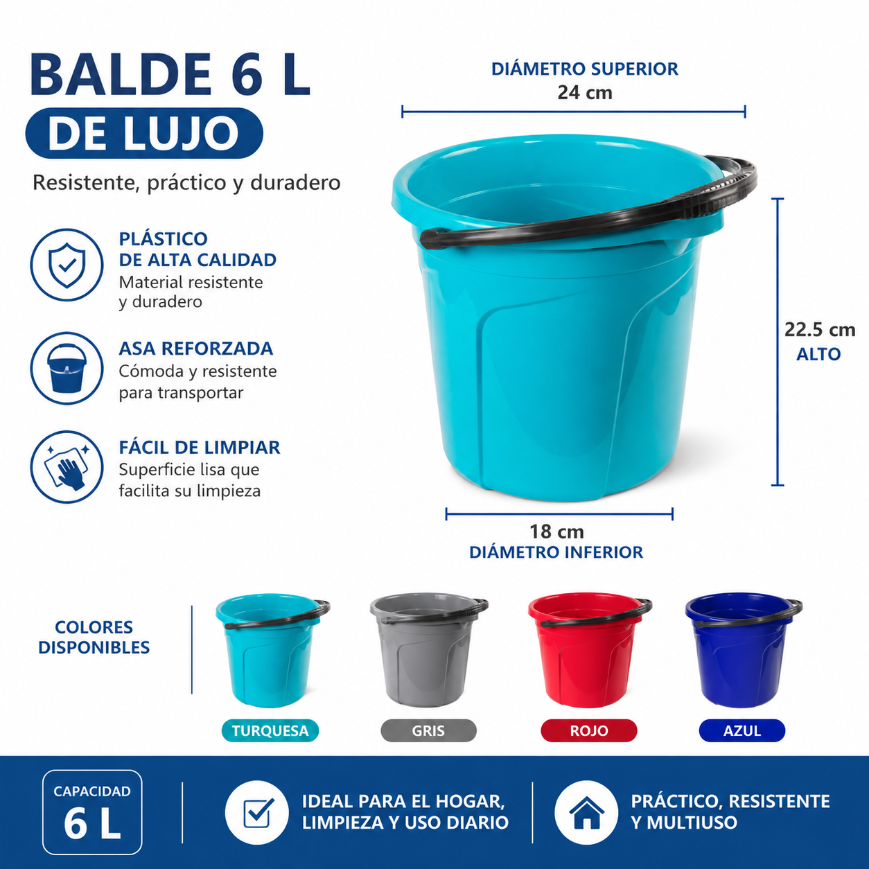 Balde Plástico De Lujo 6 Litros Con Asa Reforzada Multiuso Para Hogar - Image 6