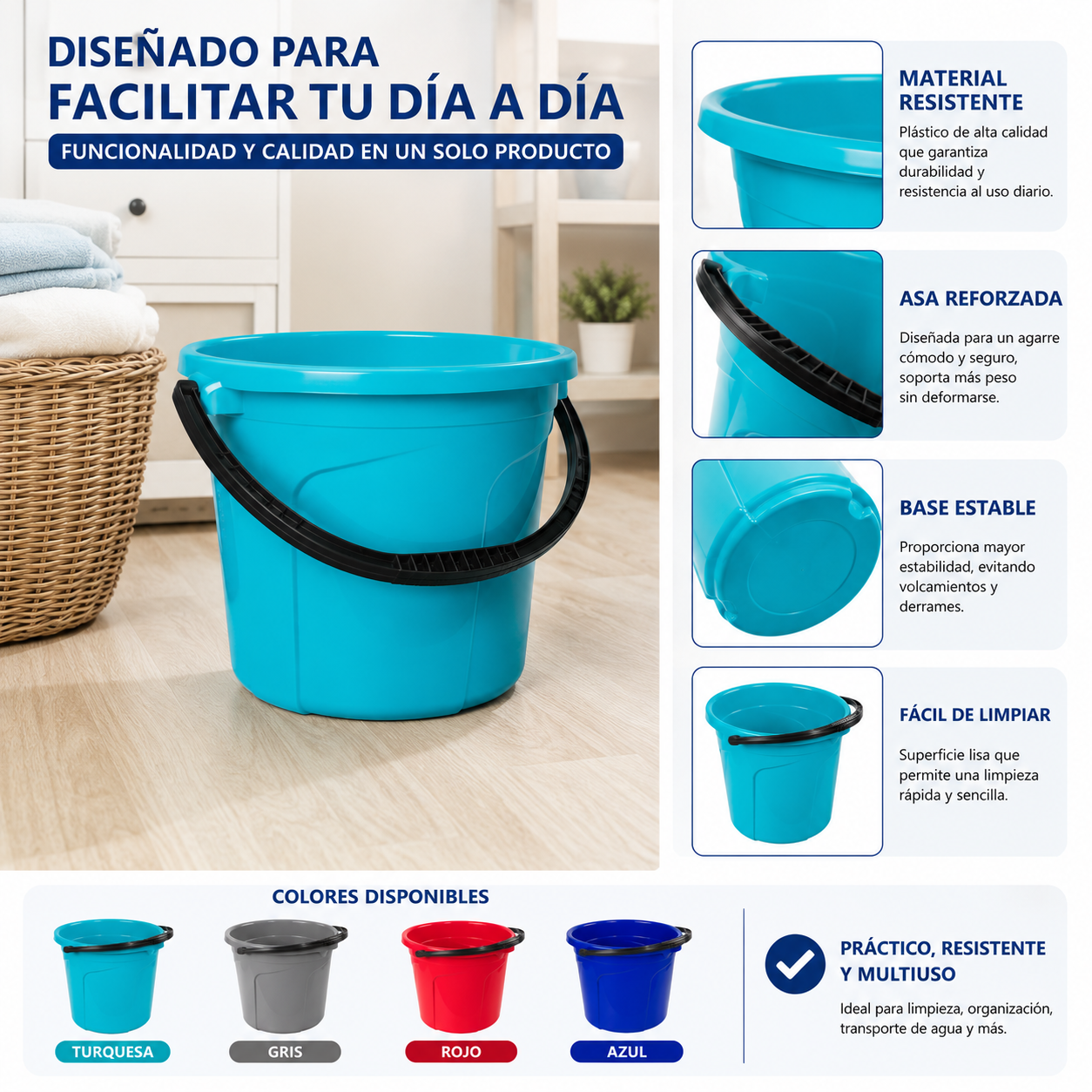 Balde Plástico De Lujo 6 Litros Con Asa Reforzada Multiuso Para Hogar - Image 3
