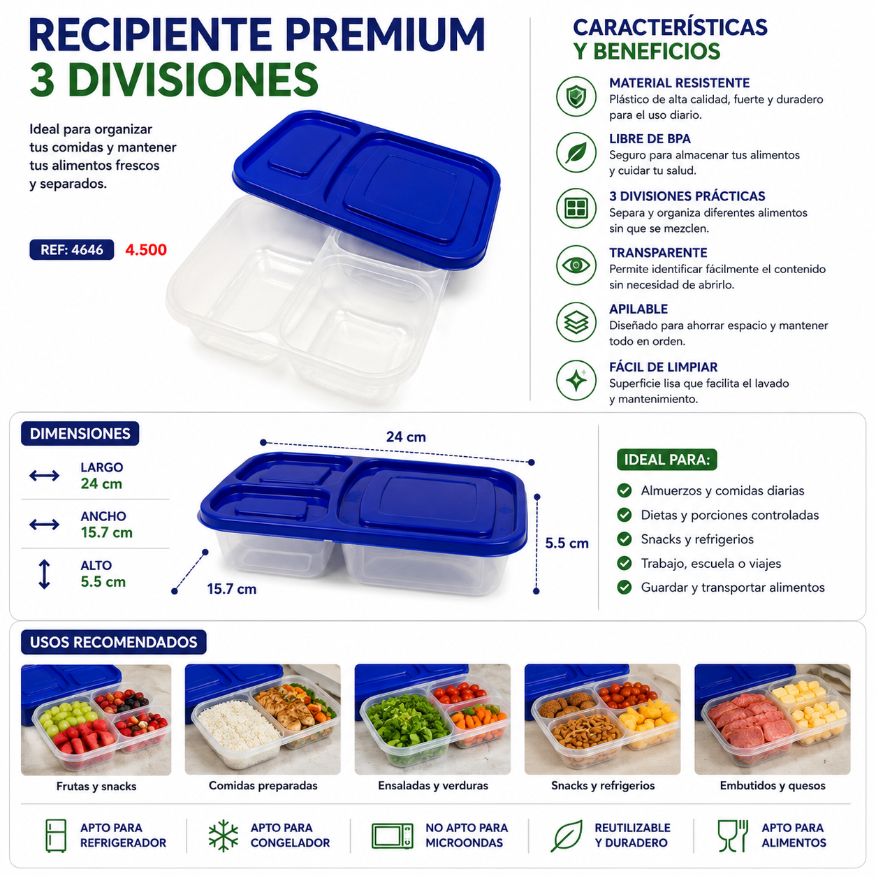 Recipiente Hermético Premium 3 Divisiones Para Almuerzo Lonchera y Comidas - Image 8