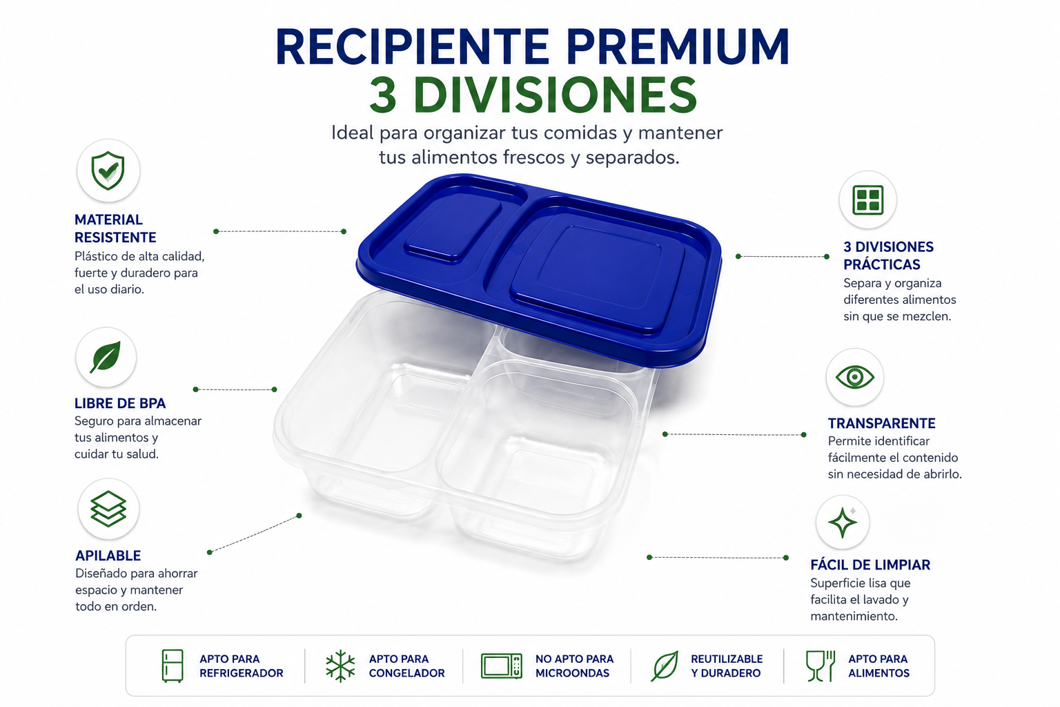 Recipiente Hermético Premium 3 Divisiones Para Almuerzo Lonchera y Comidas - Image 7