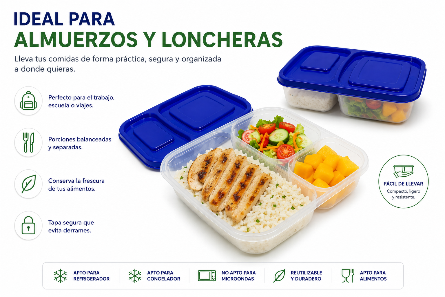 Recipiente Hermético Premium 3 Divisiones Para Almuerzo Lonchera y Comidas - Image 5