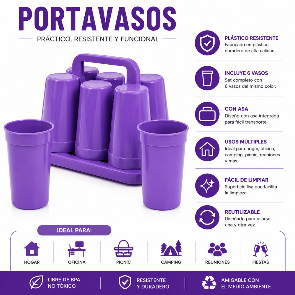 Portavasos Plástico Con 6 Vasos Reutilizables Con Asa Ideal Picnic Camping Hogar - Image 2