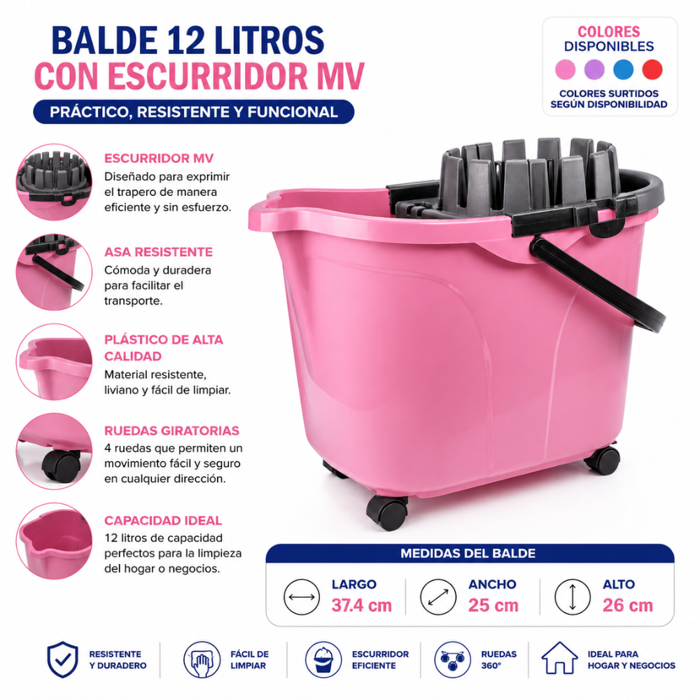 Balde 12 Litros Con Escurridor, Ruedas Y Asa Para Limpieza Profesional - Image 3