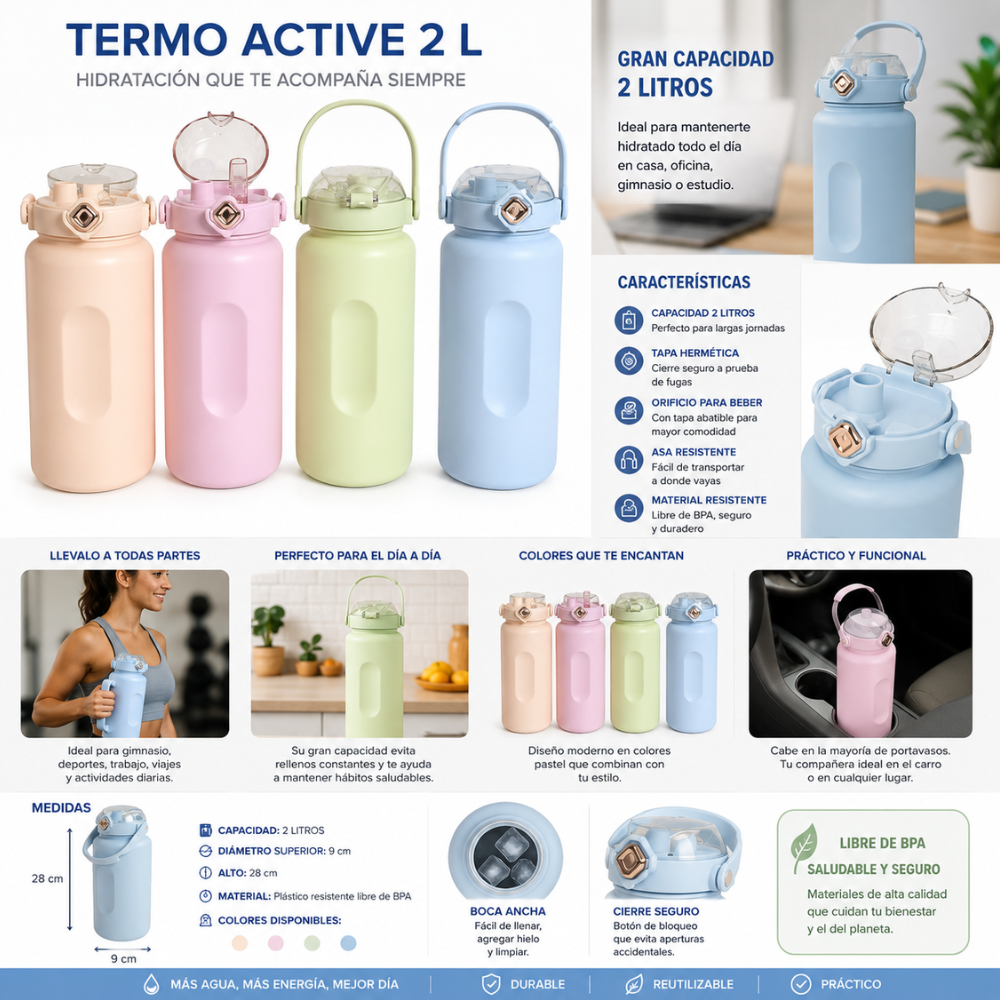 Botella Deportiva 2 Litros Reutilizable Hermética Con Seguro Antiderrames - Image 3