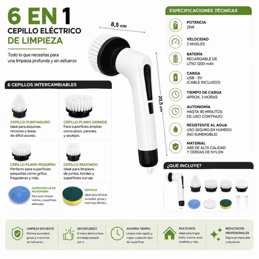 Cepillo Eléctrico Inalámbrico Recargable 9 En 1 Limpieza 90 Minutos de uso. - Image 3